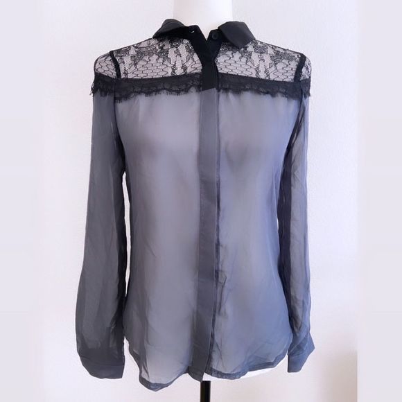 Grey and Mauve Draped Chiffon Silk Top with Lace Inserts Grey main image 0
